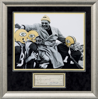1960 Vince Lombardi Signed Bank Check with Photograph in 27 1/2 x 27 1/2 Framed Display (PSA/DNA)